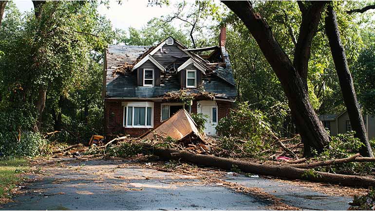 Fallen trees lie on a damaged house after a severe storm, causing devastation and destruction to the property